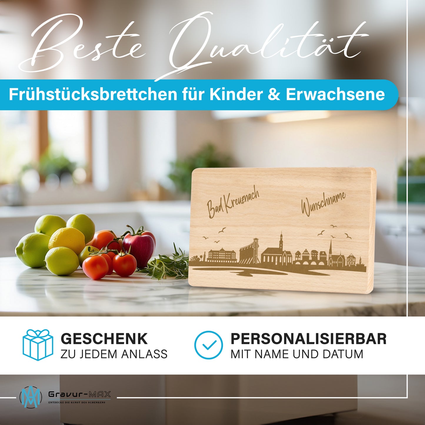 Frühstücksbrettchen 220x120mm mit Gravur mit der Skyline von Bad Kreuznach personalisierbar mit Wunschname