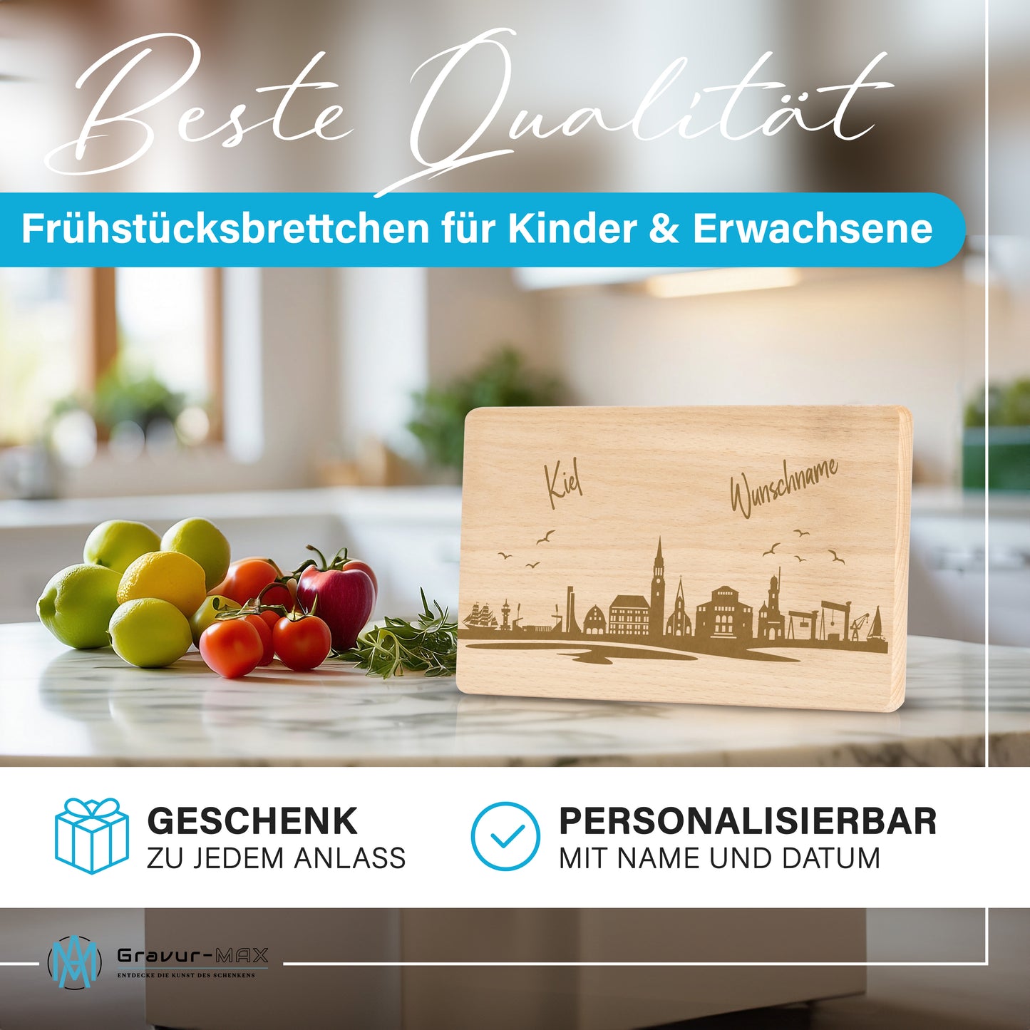Frühstücksbrettchen 220x120mm mit Gravur mit der Skyline von Kiel personalisierbar mit Wunschname