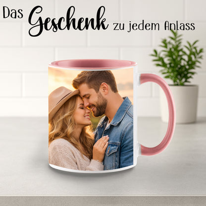 Personalisierte Fototasse selbst gestalten – in 13 ver. Farben mit eigenem Bild & Text | 3D Vorschau (330 ml)