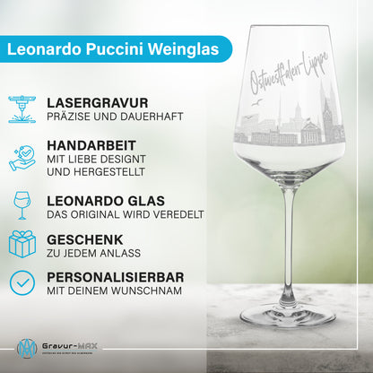 Weinglas mit Gravur Leonardo Puccini "SKYLINE OSTWESTFALEN-LIPPE" optional mit Wunschname