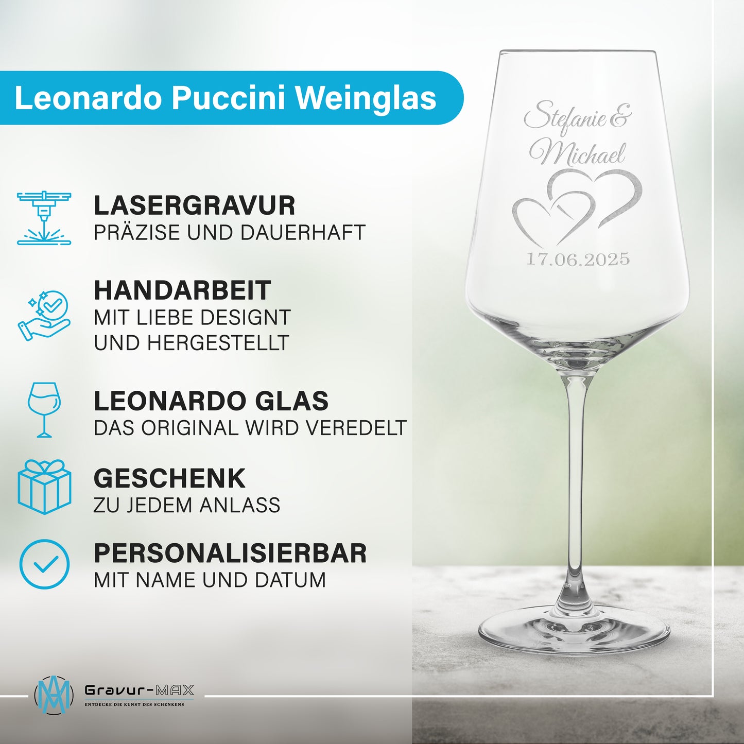 Weinglas mit Gravur Leonardo Puccini "LIEBES GLAS HERZ1" 2 Gläser und Holzbox groß mit Wunschname & Datum
