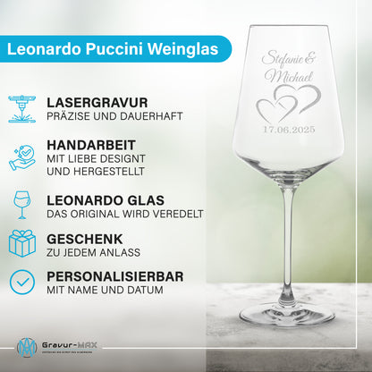 Weinglas mit Gravur Leonardo Puccini "LIEBES GLAS HERZ1" 2 Gläser und Holzbox groß mit Wunschname & Datum