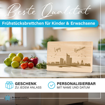 Frühstücksbrettchen 220x120mm mit Gravur mit der Skyline von Leipzig personalisierbar mit Wunschname