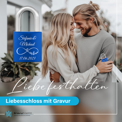 Liebesschloss in Blau mit Gravur "Herzen" personalisiert mit Wunschnamen in 6 ver. Farben
