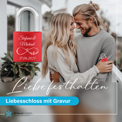 Liebesschloss in Rot mit Gravur "Doppelherz" personalisiert mit Wunschnamen in 6 ver. Farben