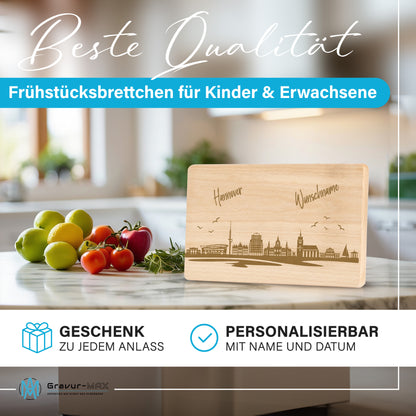 Frühstücksbrettchen 220x120mm mit Gravur mit der Skyline von Hannover personalisierbar mit Wunschname
