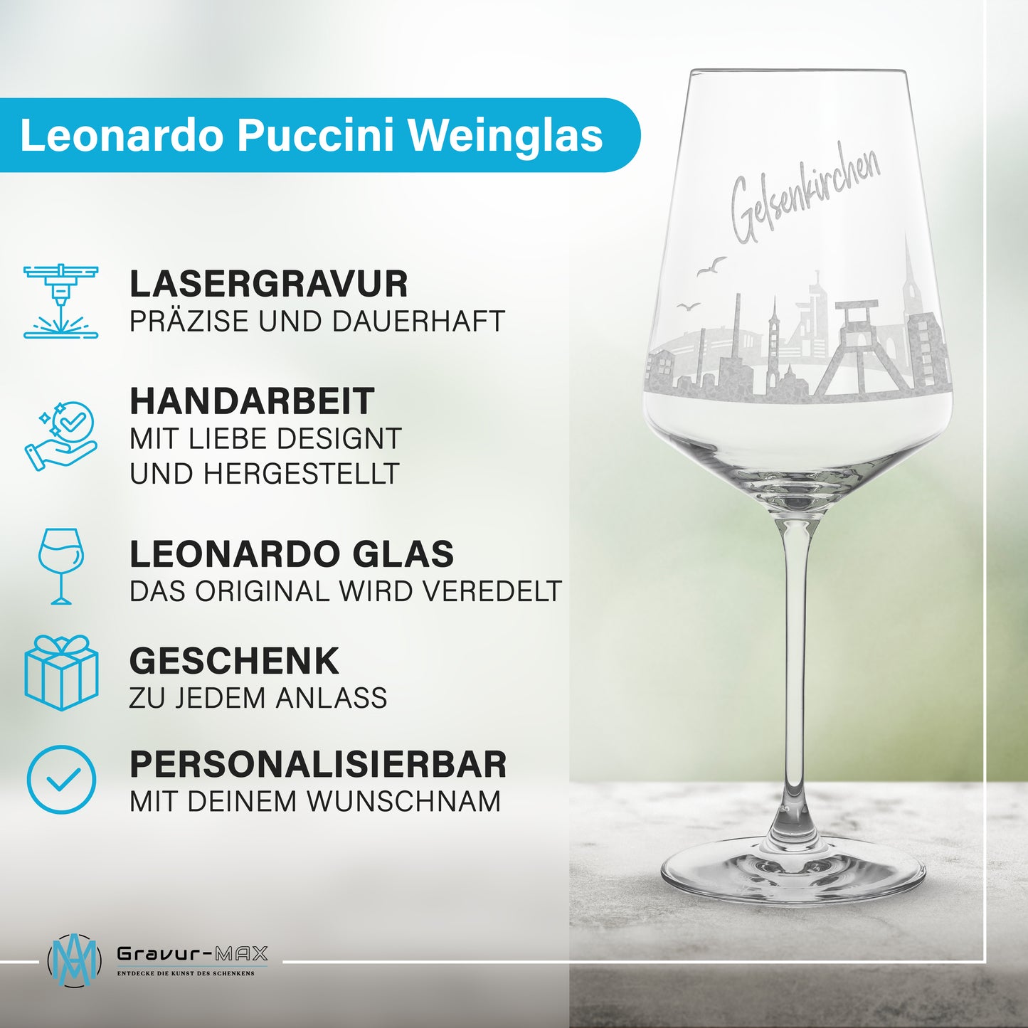 Weinglas mit Gravur Leonardo Puccini "SKYLINE GELSENKIRCHEN" 2 Gläser optional mit Wunschname