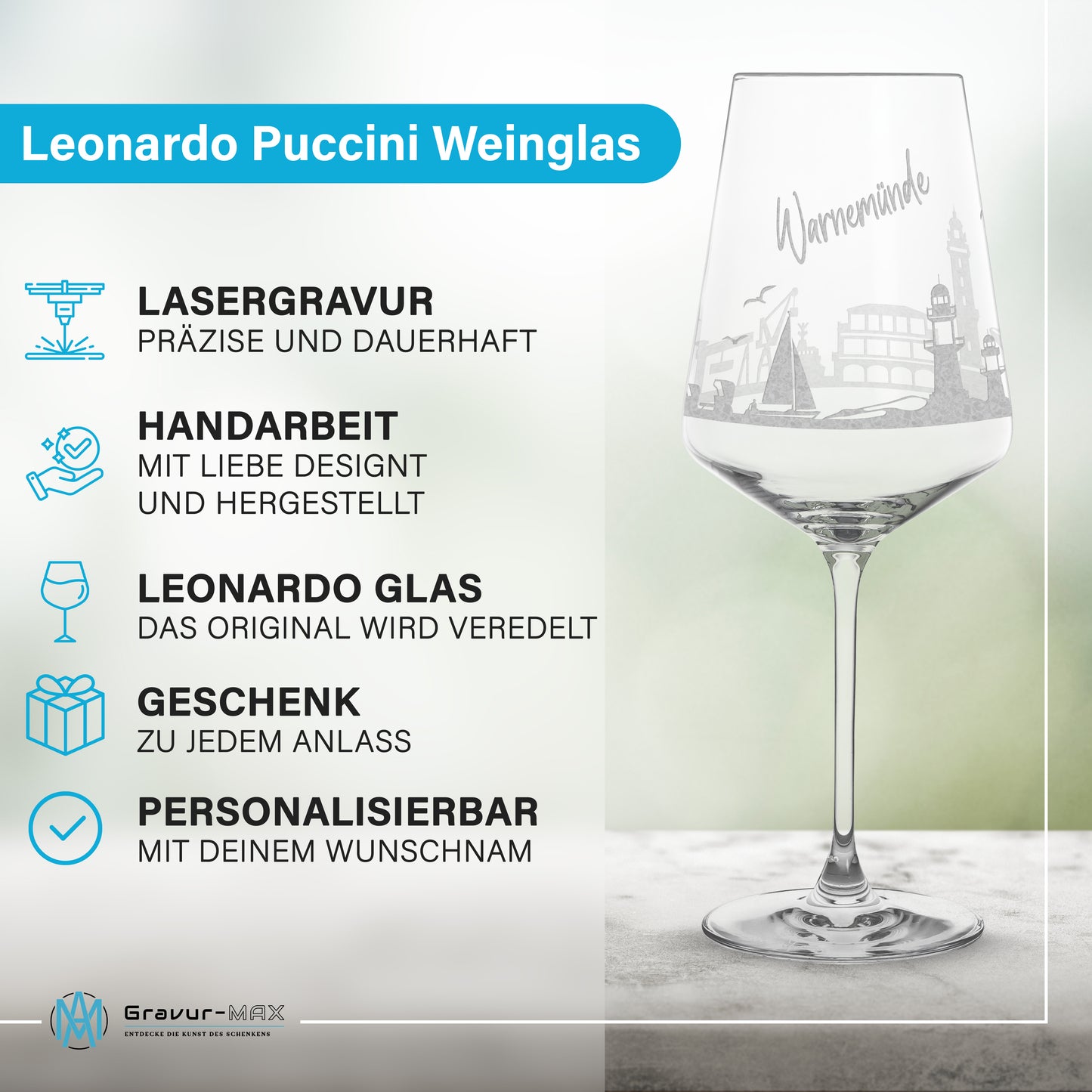 Weinglas mit Gravur Leonardo Puccini "SKYLINE WARNEMÜNDE" 2 Gläser optional mit Wunschname