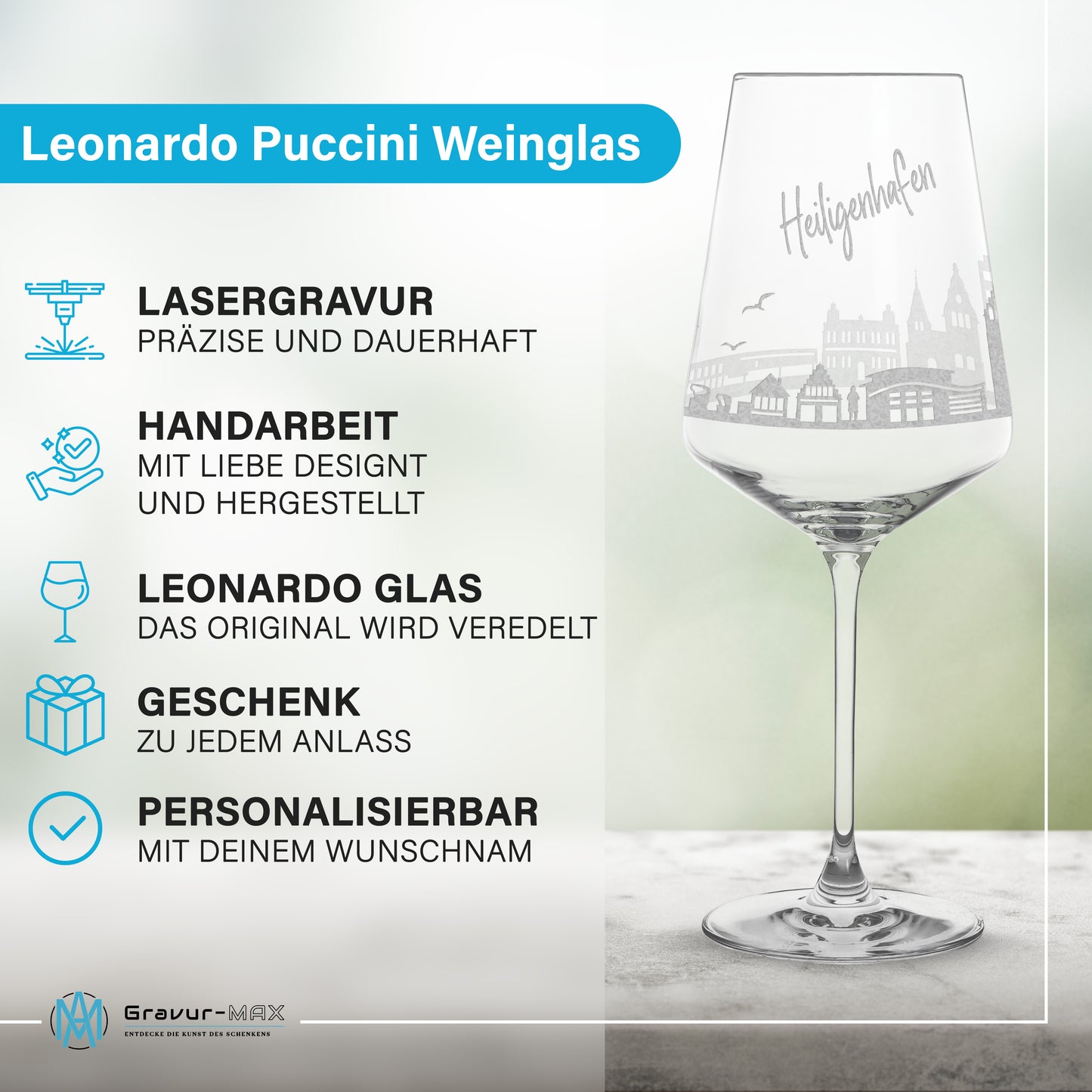 Weinglas mit Gravur Leonardo Puccini "SKYLINE HEILIGENHAFEN" 2 Gläser optional mit Wunschname