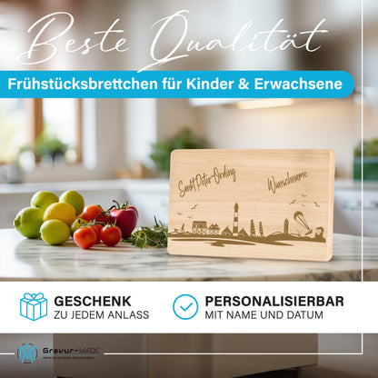 Frühstücksbrettchen 220x120mm mit Gravur mit der Skyline von Sankt Peter-Ording personalisierbar mit Wunschname