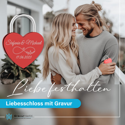 Herzschloss in Rot mit Gravur "Eheringe" Liebesschloss personalisiert mit Wunschnamen in 4 ver. Farben