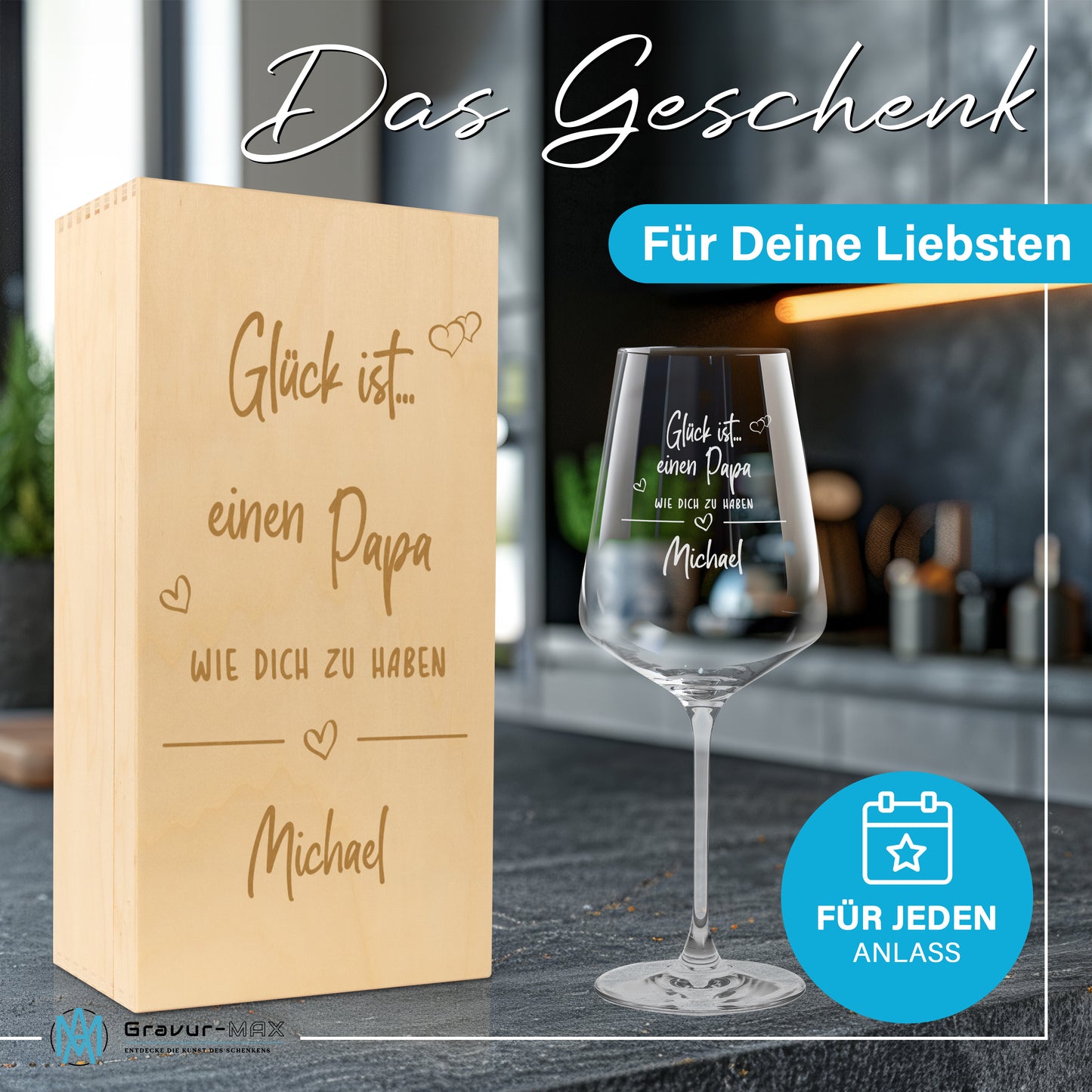 Weinglas mit Gravur Leonardo Puccini "GLÜCK IST EINEN PAPA WIE DICH ZU HABEN" inkl. Holzbox klein mit Wunschname
