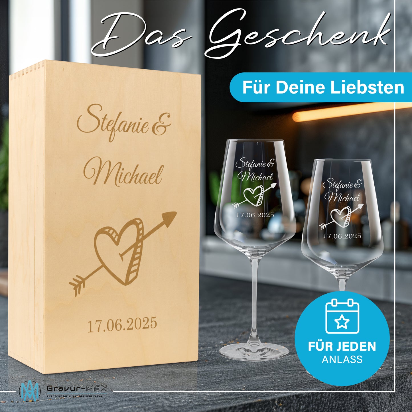 Weinglas mit Gravur Leonardo Puccini "LIEBES GLAS HERZ3" 2 Gläser und Holzbox groß mit Wunschname & Datum