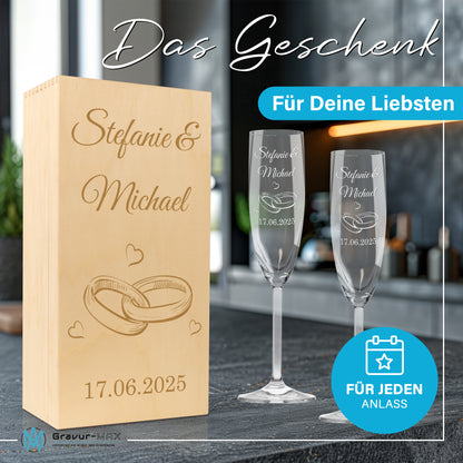 Sektglas mit Gravur Leonardo Daily "HOCHZEITS RINGE" 2 Gläser und Holzbox klein mit Wunschname & Datum