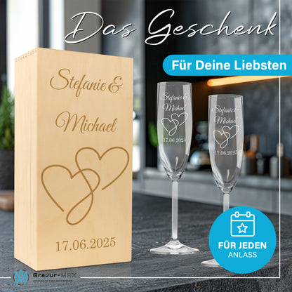 Sektglas mit Gravur Leonardo Daily "LIEBES GLAS HERZ2" 2 Gläser und Holzbox klein mit Wunschname & Datum