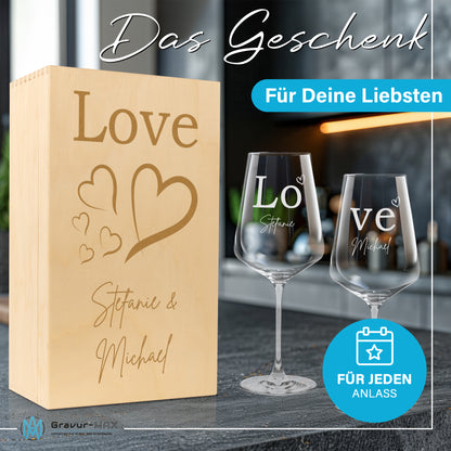 Weinglas mit Gravur Leonardo Puccini "LOVE" 2 Gläser und Holzbox groß mit Wunschname