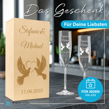 Sektglas mit Gravur Leonardo Daily "LIEBESGLAS TAUBE" 2 Gläser und Holzbox klein mit Wunschname & Datum
