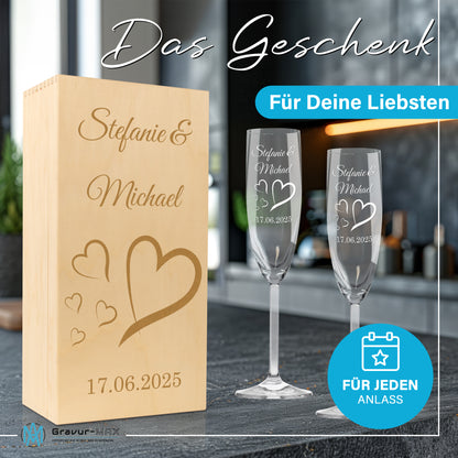 Sektglas mit Gravur Leonardo Daily "LIEBES GLAS HERZ4" 2 Gläser und Holzbox klein mit Wunschname & Datum