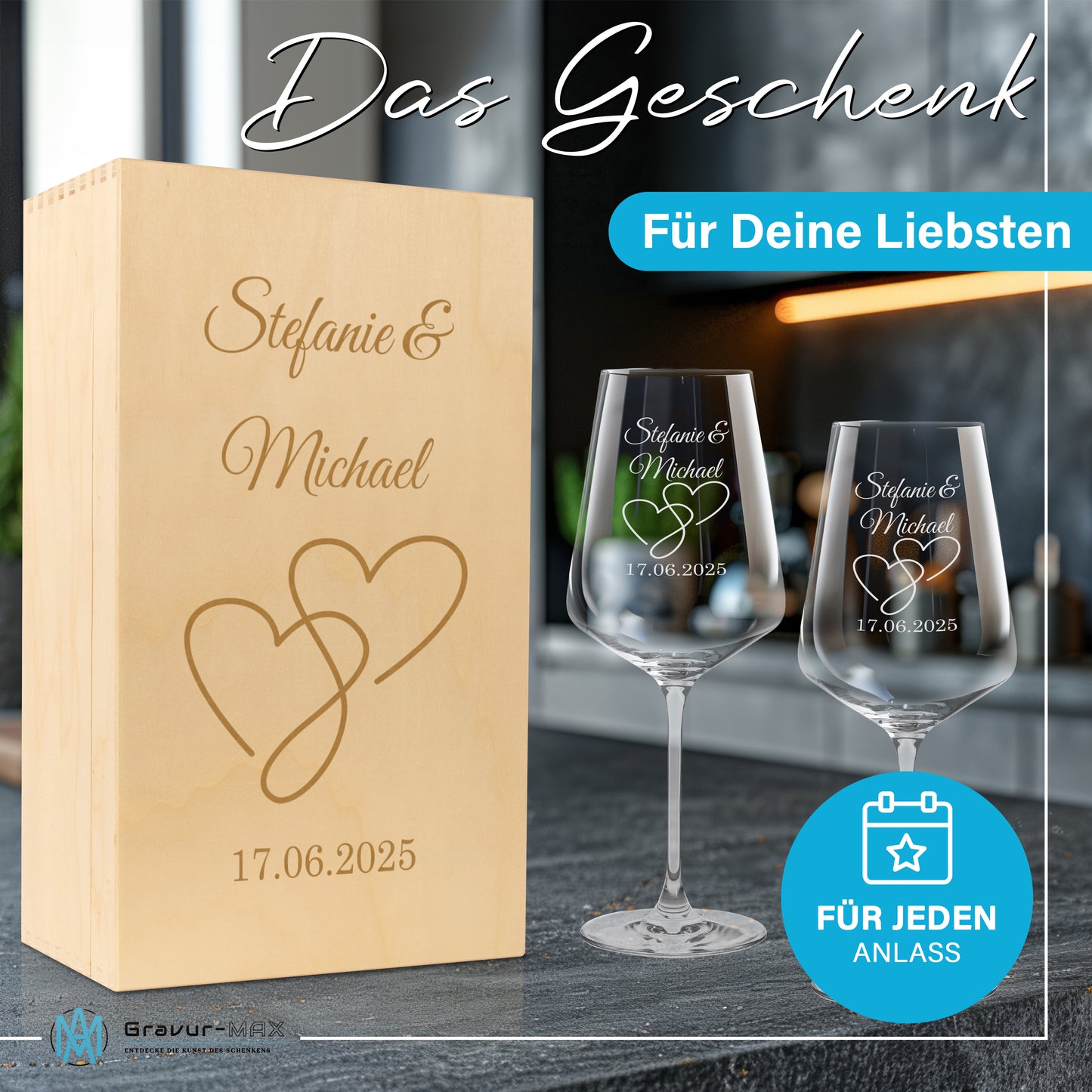 Weinglas mit Gravur Leonardo Puccini "LIEBES GLAS HERZ2" 2 Gläser und Holzbox groß mit Wunschname & Datum