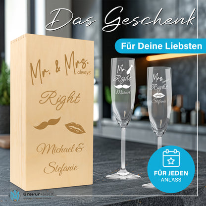 Sektglas mit Gravur Leonardo Daily "MR. & MRS. ALWAYS RIGHT" 2 Gläser und Holzbox klein mit Wunschname