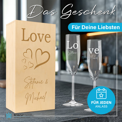 Sektglas mit Gravur Leonardo Daily "LOVE" 2 Gläser und Holzbox klein mit Wunschname