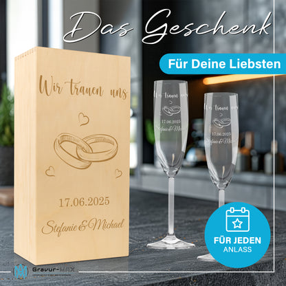Sektglas mit Gravur Leonardo Daily "WIR TRAUEN UNS" Motiv Ringe 2 Gläser und Holzbox klein mit Wunschname & Datum