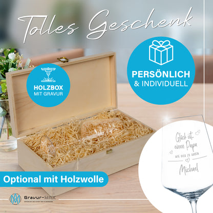 Weinglas mit Gravur Leonardo Puccini "GLÜCK IST EINEN PAPA WIE DICH ZU HABEN" inkl. Holzbox klein mit Wunschname