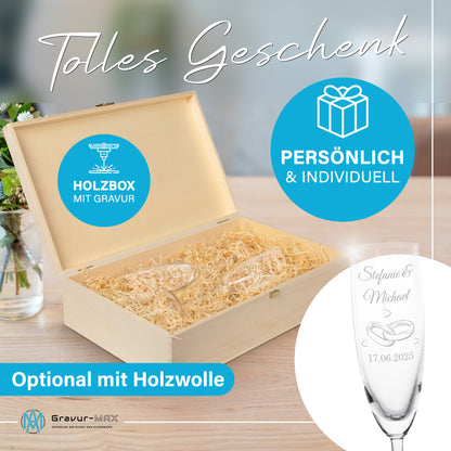 Sektglas mit Gravur Leonardo Daily "HOCHZEITS RINGE" 2 Gläser und Holzbox klein mit Wunschname & Datum