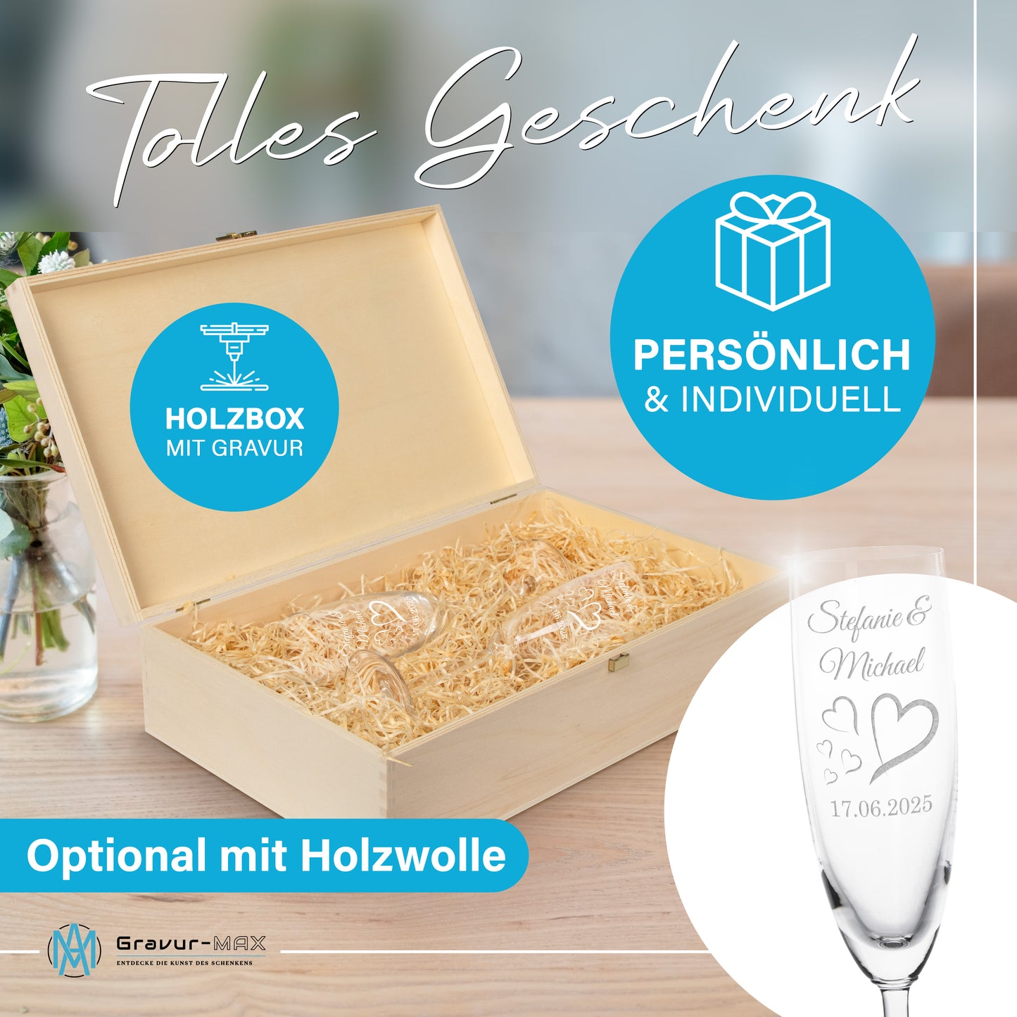 Sektglas mit Gravur Leonardo Daily "LIEBES GLAS HERZ4" 2 Gläser und Holzbox klein mit Wunschname & Datum