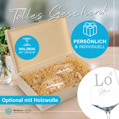 Weinglas mit Gravur Leonardo Puccini "LOVE" 2 Gläser und Holzbox groß mit Wunschname