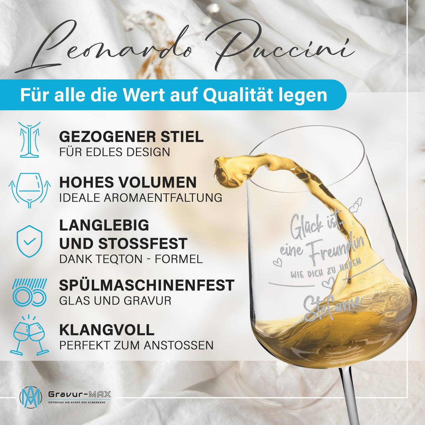 Weinglas mit Gravur Leonardo Puccini "GLÜCK IST EINE FREUNDIN WIE DICH ZU HABEN" mit Wunschname