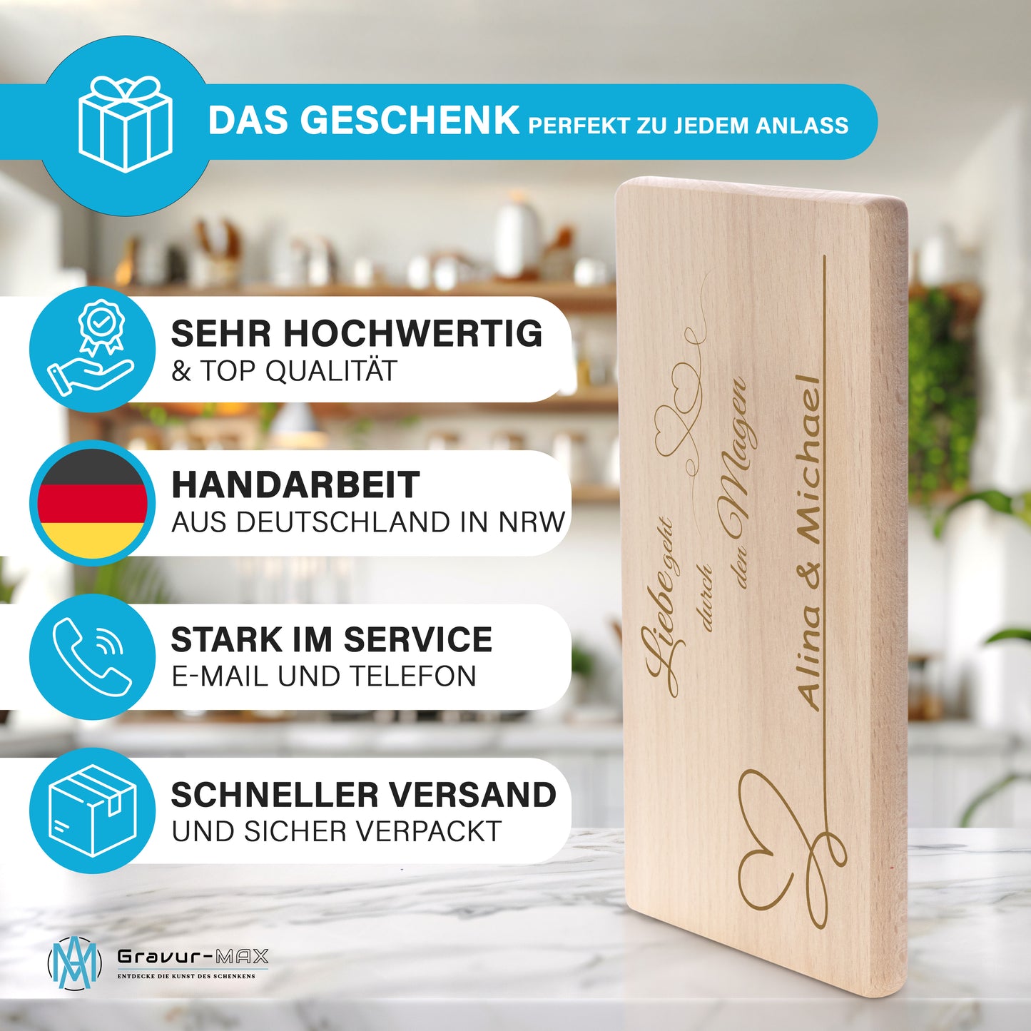 Frühstücksbrettchen mit Gravur "LIEBE GEHT DURCH DEN MAGEN" mit Wunschname