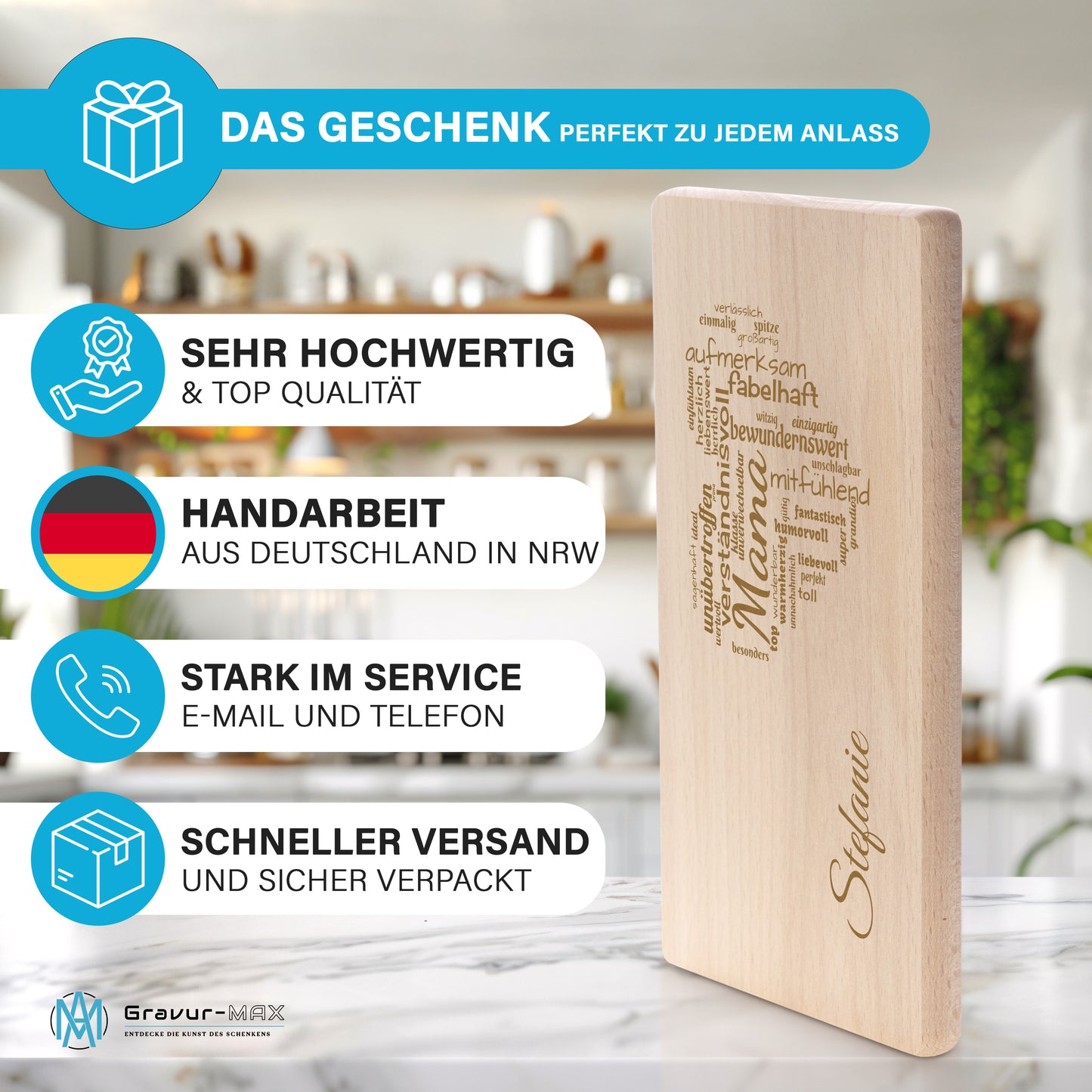 Frühstücksbrettchen mit Gravur "MAMA HERZ" mit Wunschname