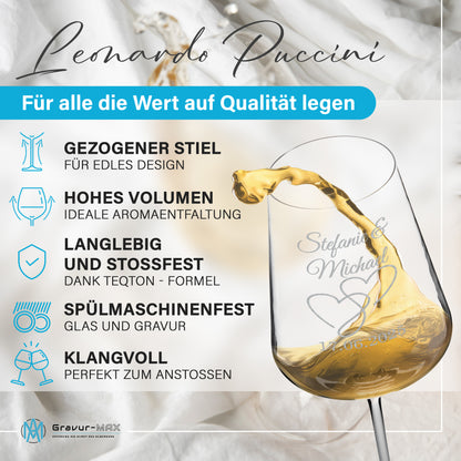 Weinglas mit Gravur Leonardo Puccini "LIEBES GLAS HERZ2" 2 Gläser und Holzbox groß mit Wunschname & Datum