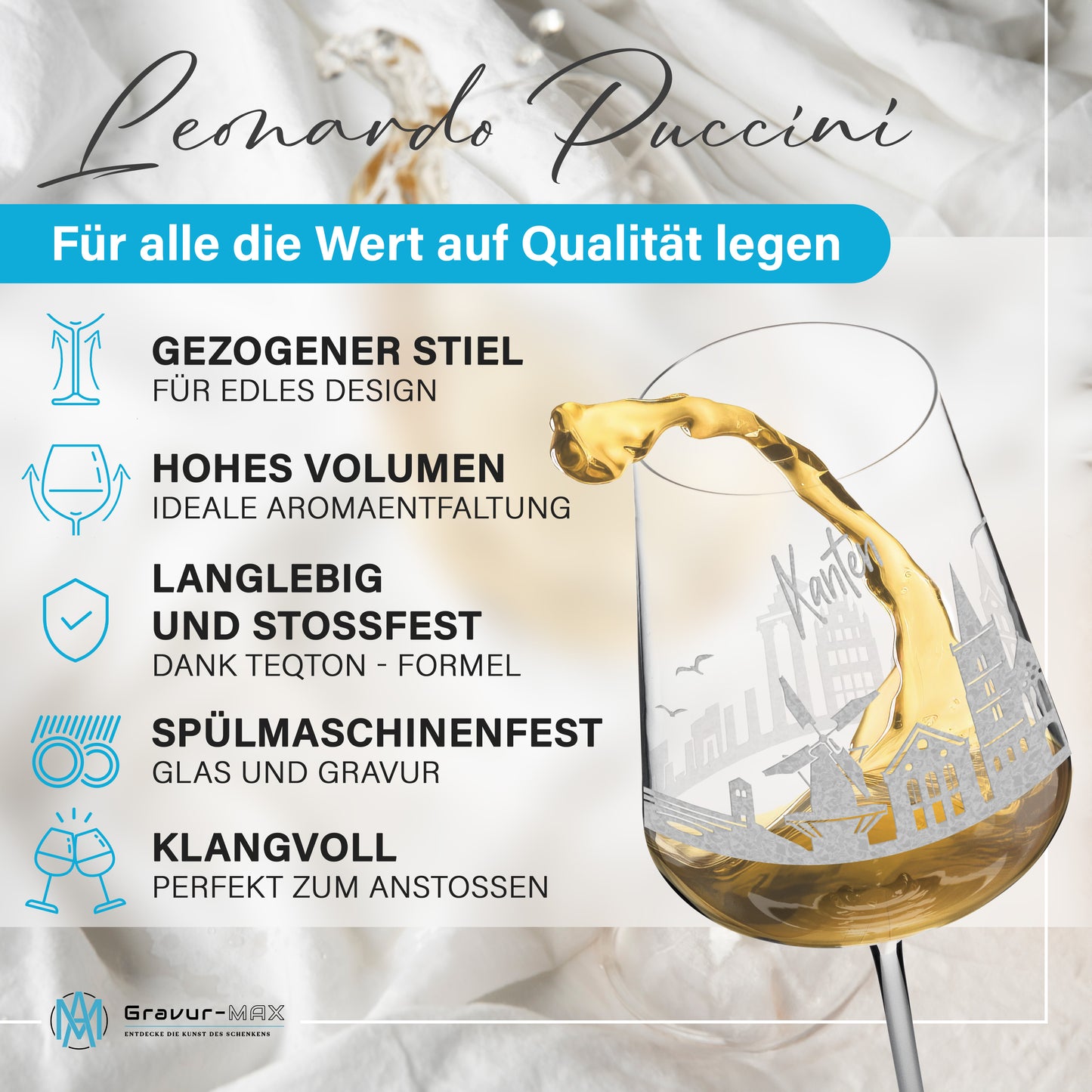 Weinglas mit Gravur Leonardo Puccini "SKYLINE XANTEN" 2 Gläser optional mit Wunschname
