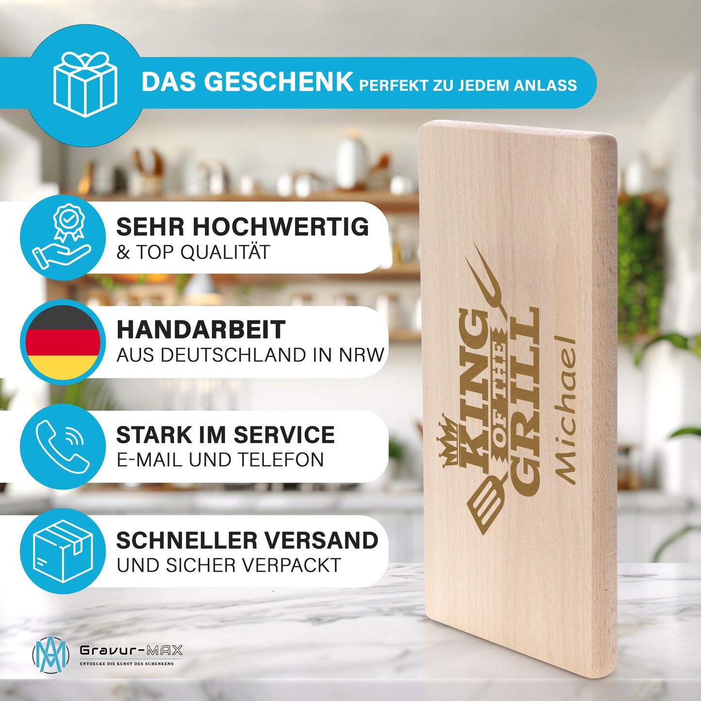 Frühstücksbrettchen mit Gravur BBQ "KING OF THE GRILL" mit Wunschname