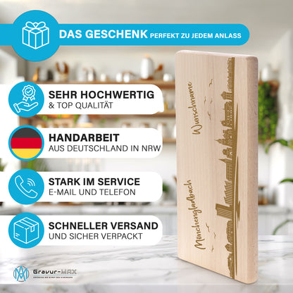 Frühstücksbrettchen 220x120mm mit Gravur mit der Skyline von Mönchengladbach personalisierbar mit Wunschname