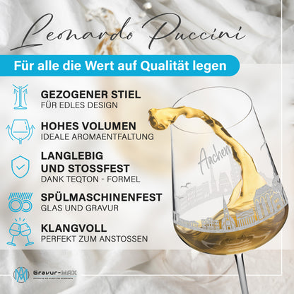 Weinglas mit Gravur Leonardo Puccini "SKYLINE AACHEN" 2 Gläser optional mit Wunschname