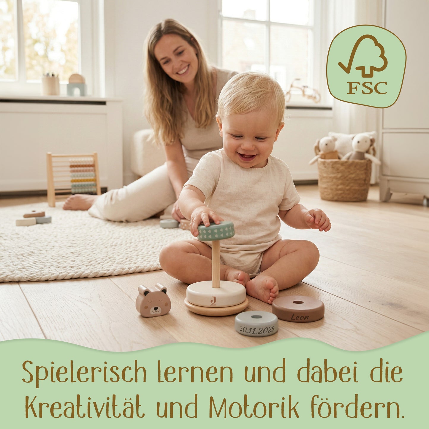 Jollein Stapelturm personalisierbar mit Name & Datum aus FSC-Holz - Babygeschenk zur Geburt oder Taufe