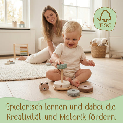 Jollein Stapelturm personalisierbar mit Name & Datum aus FSC-Holz - Babygeschenk zur Geburt oder Taufe
