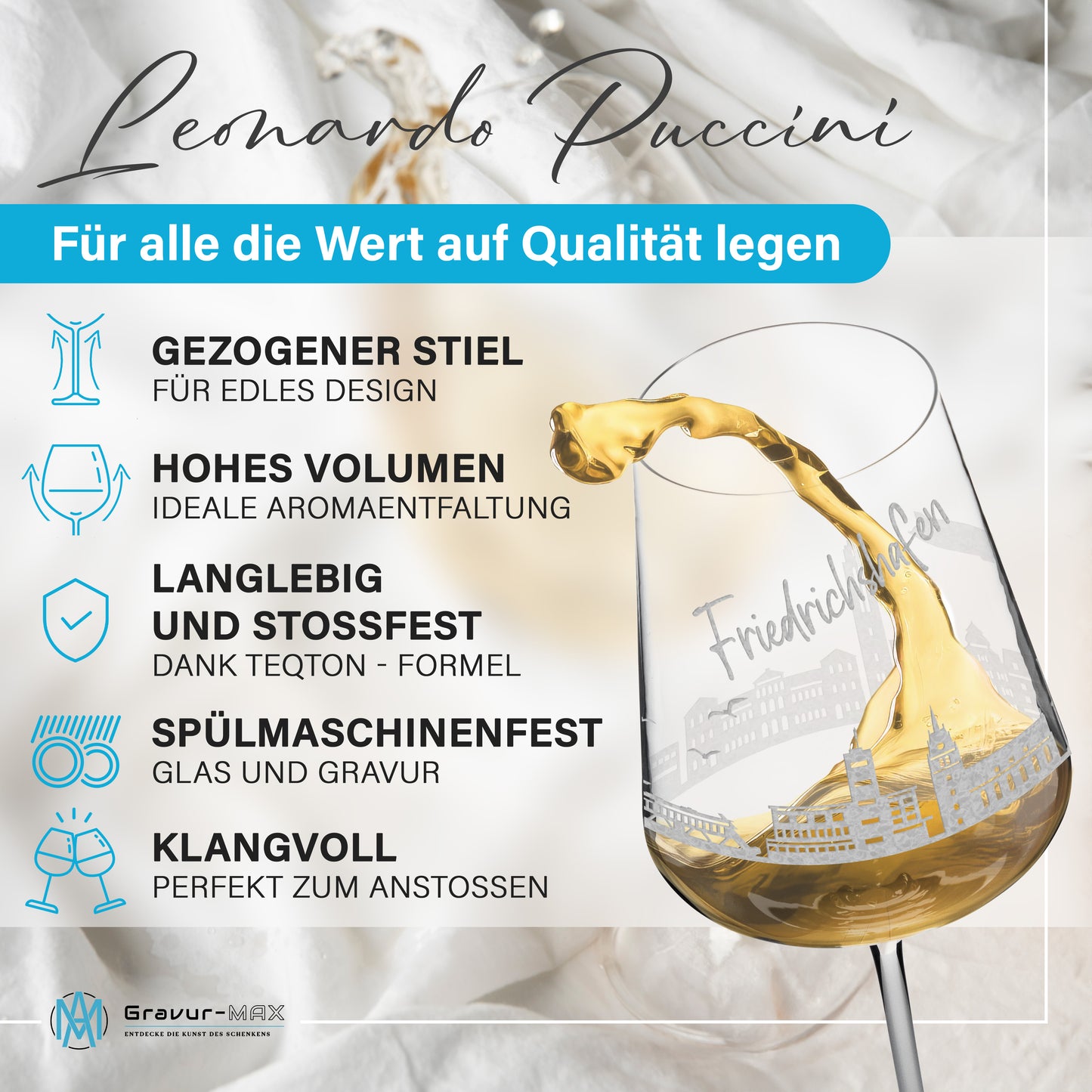 Weinglas mit Gravur Leonardo Puccini "SKYLINE FRIEDRICHSHAFEN" 2 Gläser optional mit Wunschname