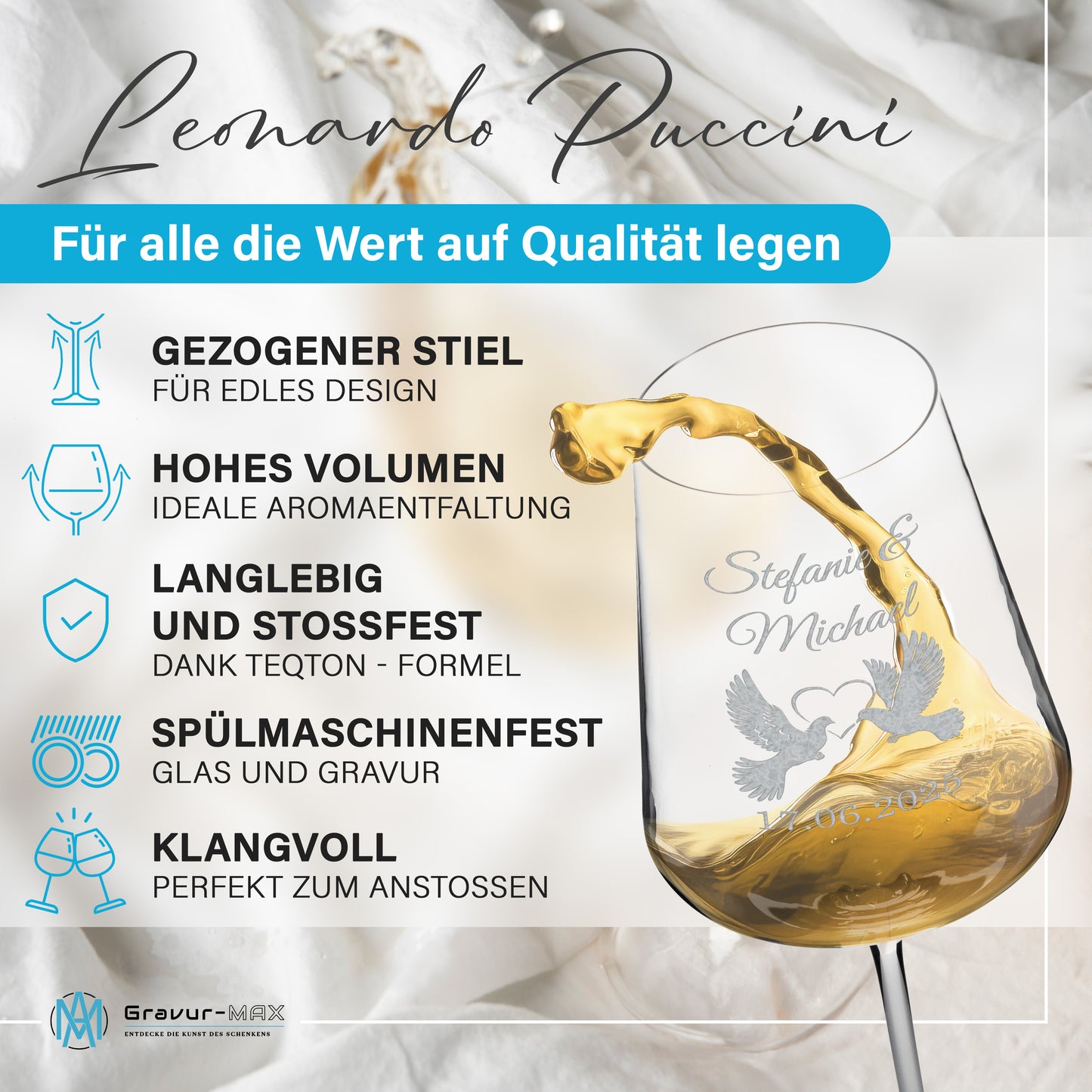 Weinglas mit Gravur Leonardo Puccini "LIEBESGLAS TAUBE" 2 Gläser mit Wunschname & Datum