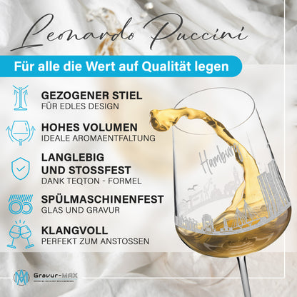 Weinglas mit Gravur Leonardo Puccini "SKYLINE HAMBURG" optional mit Wunschname