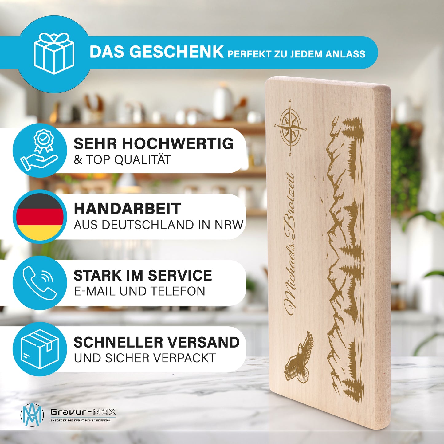 Frühstücksbrettchen mit Gravur "BROTZEIT NATUR" mit Wunschname