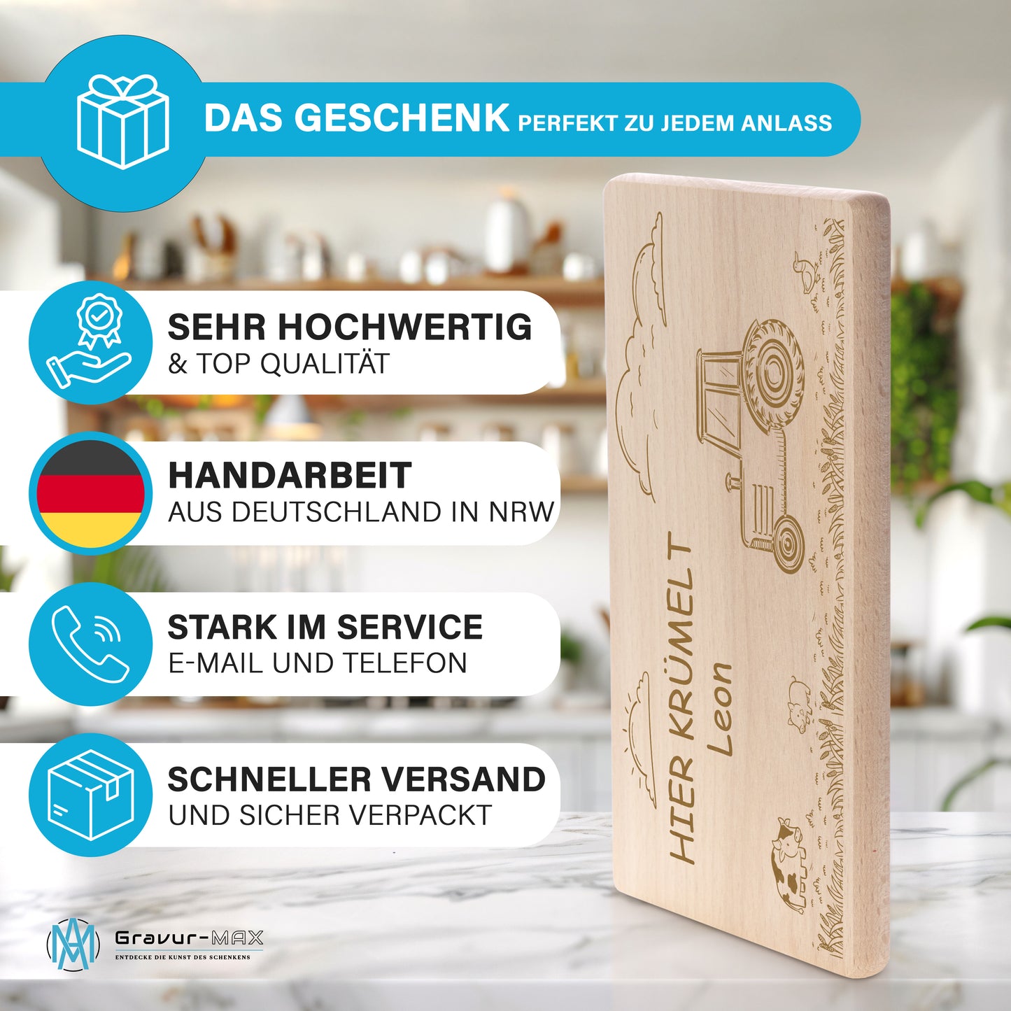 Frühstücksbrettchen mit Gravur Traktor "HIER KRÜMELT" mit Wunschname
