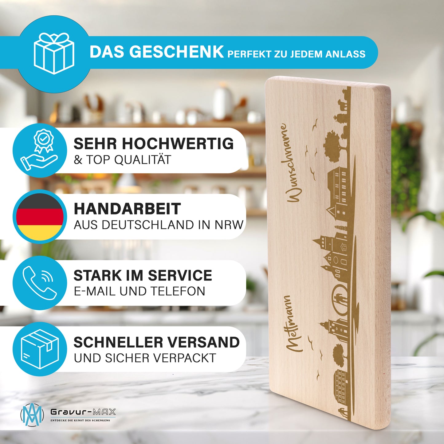 Frühstücksbrettchen 220x120mm mit Gravur mit der Skyline von Mettmann personalisierbar mit Wunschname