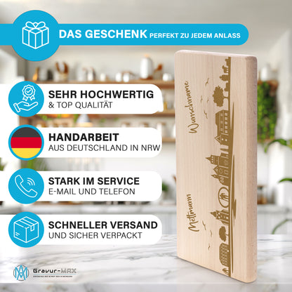 Frühstücksbrettchen 220x120mm mit Gravur mit der Skyline von Mettmann personalisierbar mit Wunschname