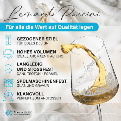 Weinglas mit Gravur Leonardo Puccini "SKYLINE LEVERKUSEN" optional mit Wunschname