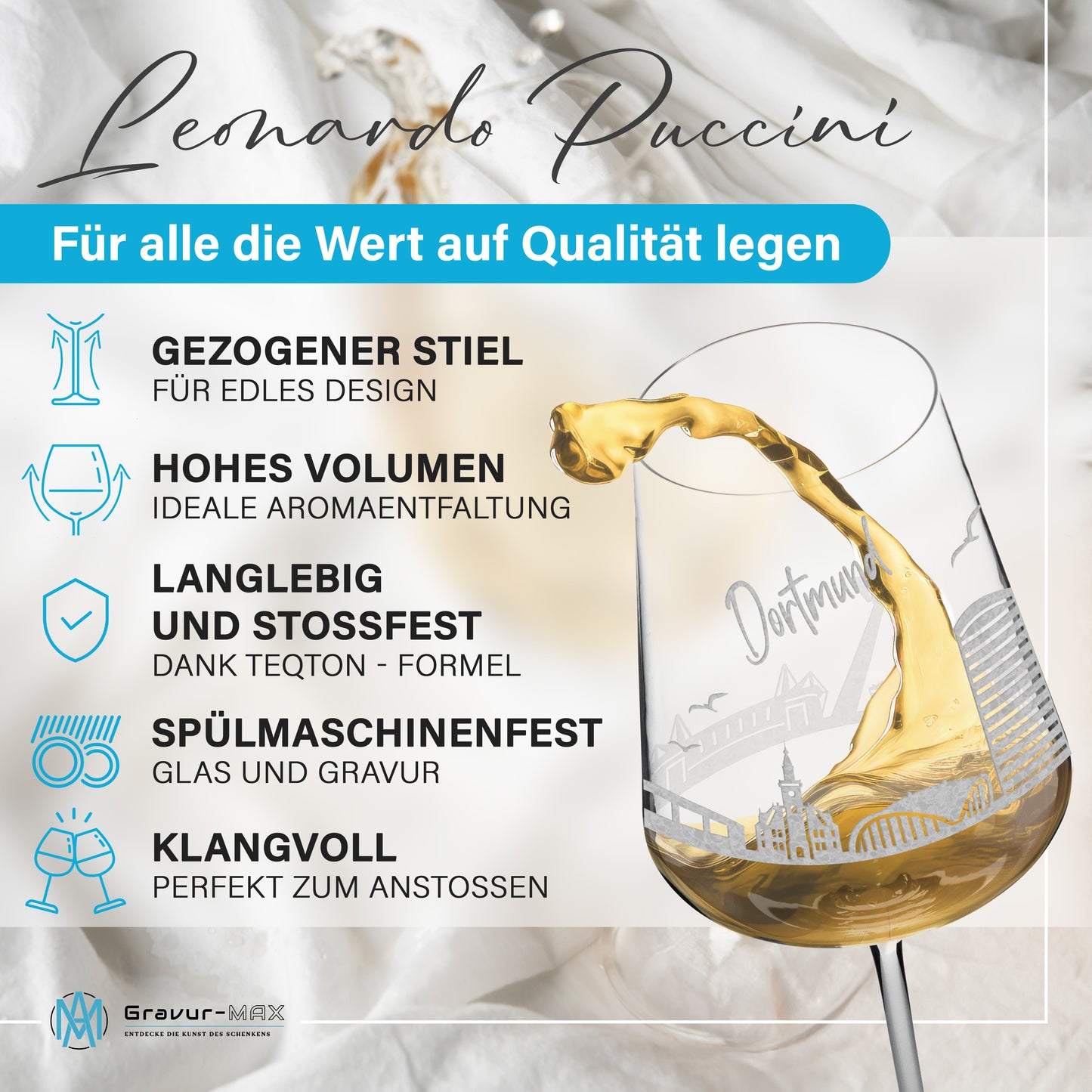Weinglas mit Gravur Leonardo Puccini "SKYLINE DORTMUND" 2 Gläser optional mit Wunschname