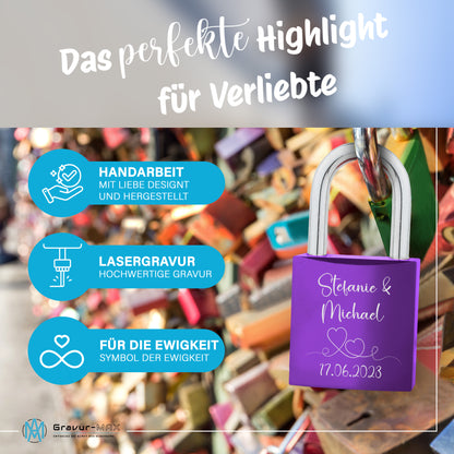Liebesschloss in Lila mit Gravur "Herzlinie" personalisiert mit Wunschnamen in 6 ver. Farben